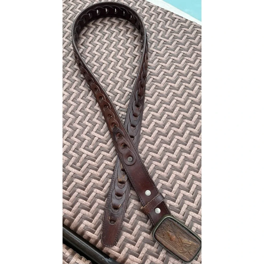 Leather Hand Tooled Woven Brown Belt Carpenter Buckle Hammer Saw Mexico Size 40